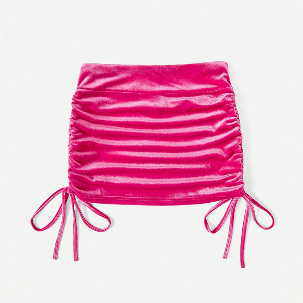 ZARA Strap High Waist Slimming Drawstring Pleated Velvet Bodycon Short Skirt
